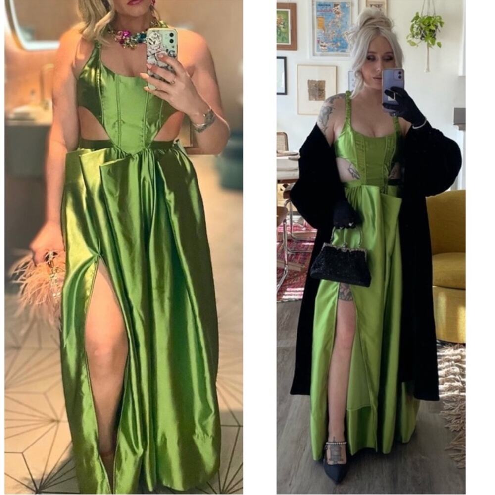 FOR LOVE & LEMONS Virginia Pleated Cutout Satin Green Maxi Dress Sz XS - Picture 4 of 14